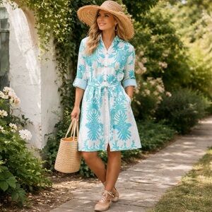Patty Kim Elizabeth Shirt Dress Coral Belted Pockets Tropical Preppy Beach Vacay